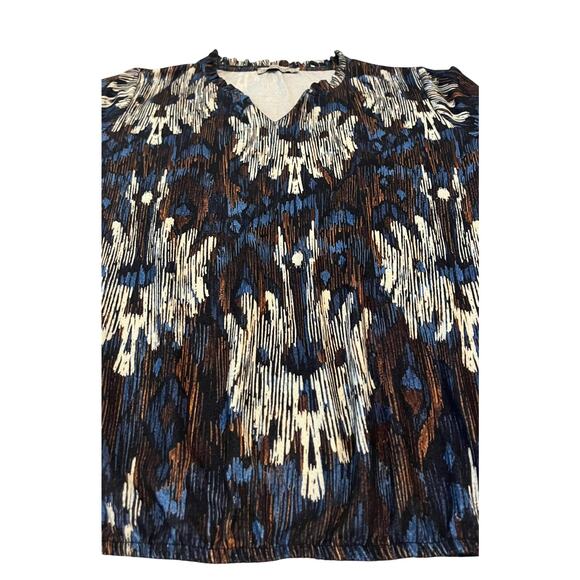 DREAMSTAR LONG SLEEVE V-NECK TOP, WOMENS, XL, NAVY BLUE BROWN WHITE ABSTRACT - Picture 3 of 11